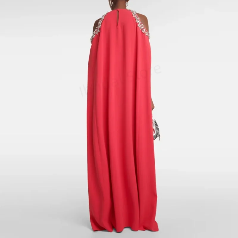 Maßgeschneidertes, schlichtes, mit Perlen besetztes A-Linien-Abendkleid aus Crêpe mit O-Ausschnitt und bodenlangem Abendkleid in A-Linie von Crêpe