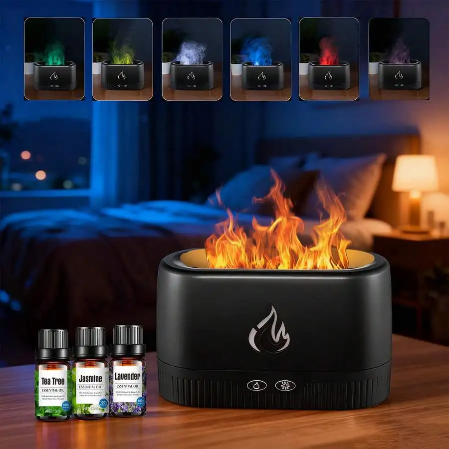 

Cozy Fire Vibe: Flame Aroma Diffuser + 7-Color Light, 200ml Humidifier & USB Night Light