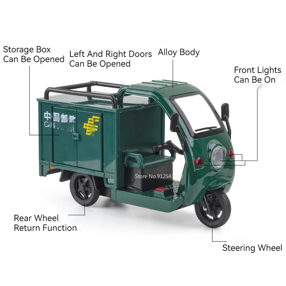 รถสามล้อของเล่นจำลองแบบโลหะหล่อขึ้นรูป รุ่น 1:24 พร้อมเสียงและไฟ มีระบบดึงหลัง รถมอเตอร์ไซค์สามล้อ ของตกแต่ง