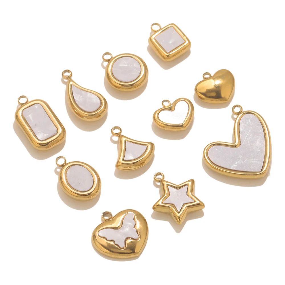 5pcs Stainless Steel Pearl Shell Square Round Oval Cahrms For Necklace Bracelet DIY Pendants Jewelry Making Accessories Craft