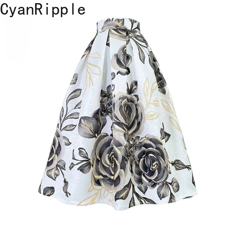 

High Quality New Spring Autumn Vintage Jacquard Flowers Mid-long Pleated Skirt High Waist Elegant Lady A-line Umbrella Skirts