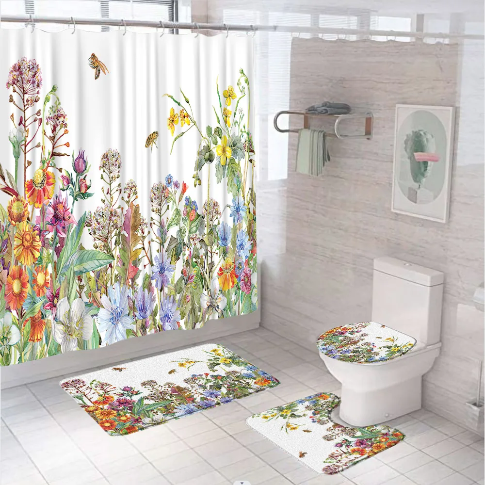 Watercolor Wildflowers Bee Field Plant Shower Curtain Set Garden Floral Leaves Bathroom Decor Non-Slip Rug Bath Mat Toilet Cover