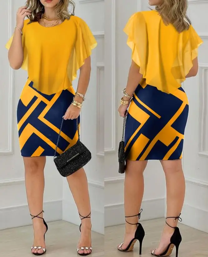 

Womens Hip Wrap Mini Dress Summer Fashion Elegant Work Clothing Geometric Round Neck Ruffle Hem Short Sleeve Bodycon Print Dress