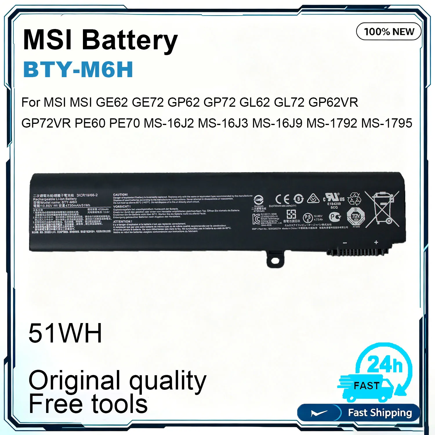 BTY-M6H Laptop Battery For MSI GE62 GE72 GP62 GP72 GL62 GL72 GE62VR GE72VR GP62VR GL62VR PE60 PE70 CX62 MS-16J1 MS-16J2 MS-1792