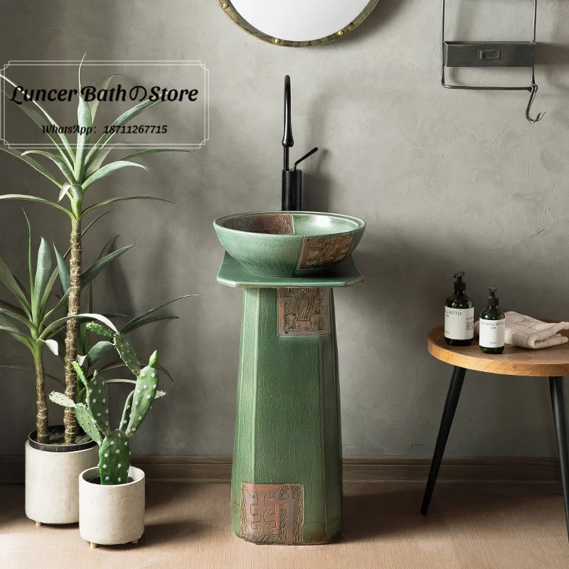 Pedestal Floor Standing Sink, Vintage One Piece Wash Basin for Outdoor Balcony, Courtyard, Home Hand Wash Station
