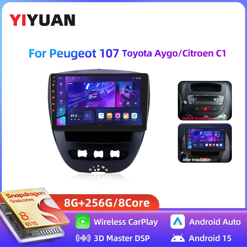 2026 2Din car radio, Snapdragon Android 15 system, compatible with Peugeot 107 Toyota Aygo Citroen C1. Support CarPlay
