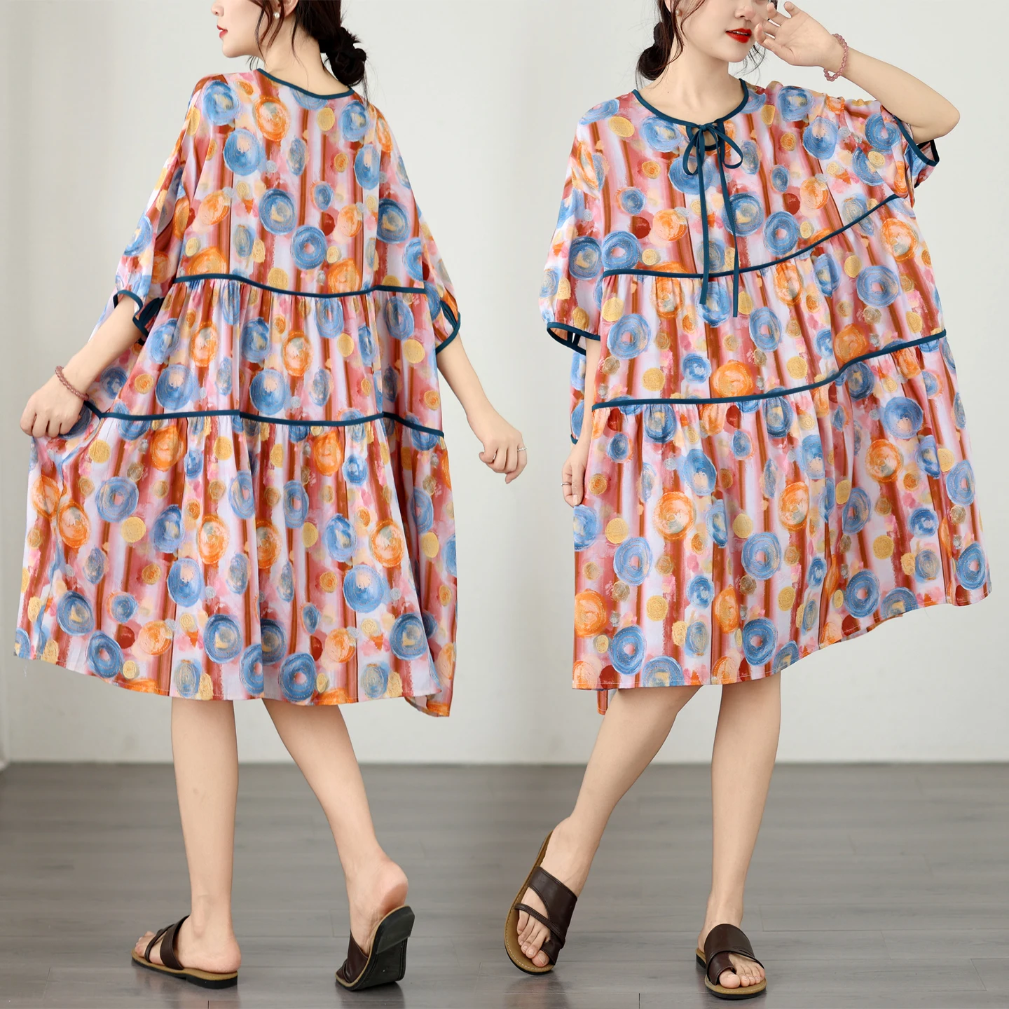 

Summer New plus Size Printed Dress with Rope Tied Neck Loose Fit Slimming Versatile Citywalk High Waist Cotton Blend A-Line S...