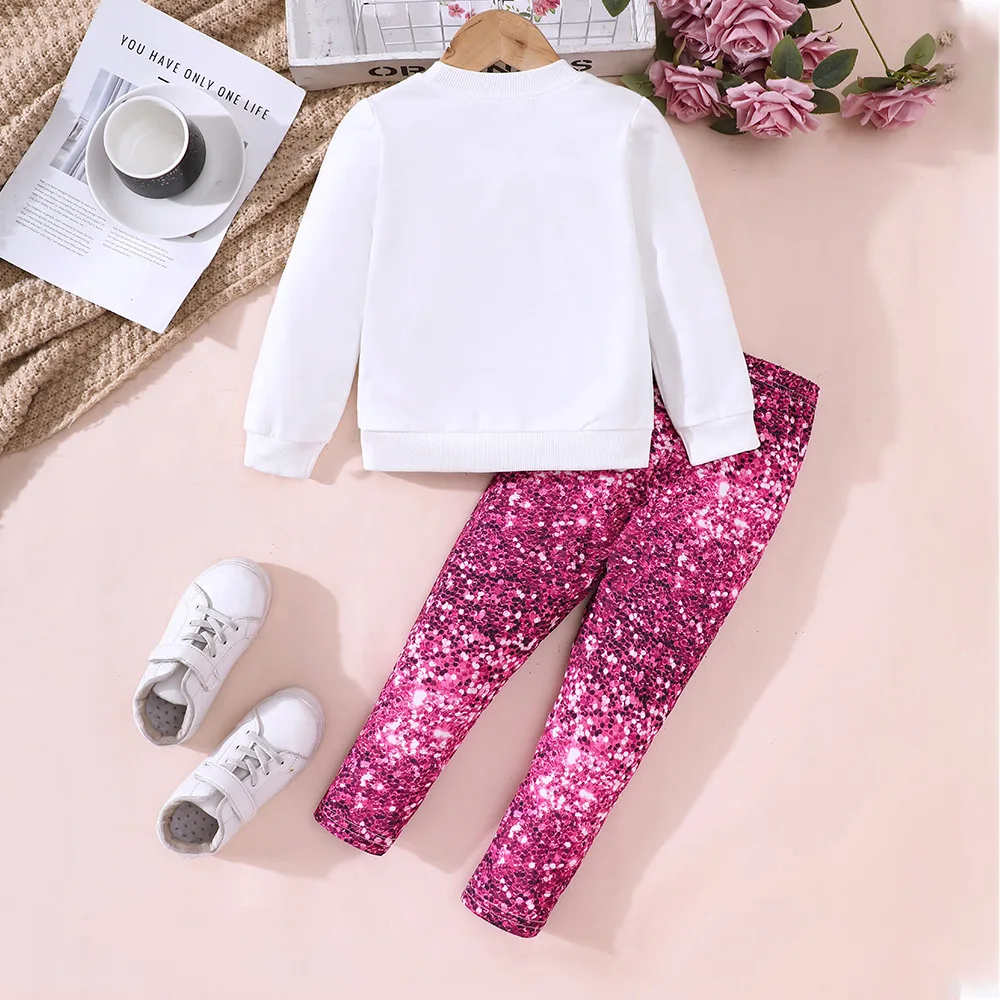 2024 Clothing Set Girls Long Sleeve Print Sequins Heart T-shirt Rose Red Trousers 2 Pcs Sets Casual Girls Clothes Set 2-7T