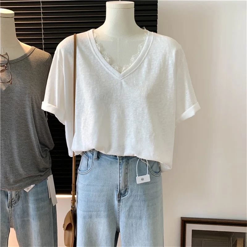 

Дизайнерская футболка с кружевным V-образным вырезом и узором снежинок, из хлопка и льна, с коротким рукавом, женская летняя тонкая свободная повседневная блузка, удобный топ