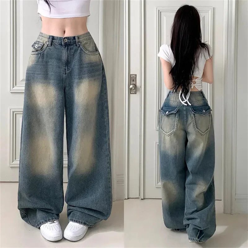 

Retro Washed Denim Jeans Wide Leg Pants Pocket Design Versatile High Waist Long Pants Cotton 100% Medium Stretch All Seasons