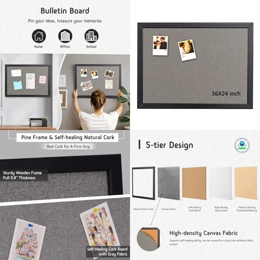 

Bulletin Board 36 x 24 Inch, 100 Wood Framed Canvas Cork Board with Grey Fabric, Wall Mounted Notice Board for Home Office Scho