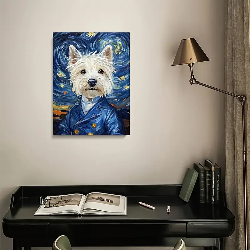 Van Gogh-Style West Highland White Terrier (Westie) Dog - لوحة فنية قماشية مرسومة يدويًا بدون إطار مقاس 11.8 × 15.7 بوصة، مدخل ليلي مرصع بالنجوم