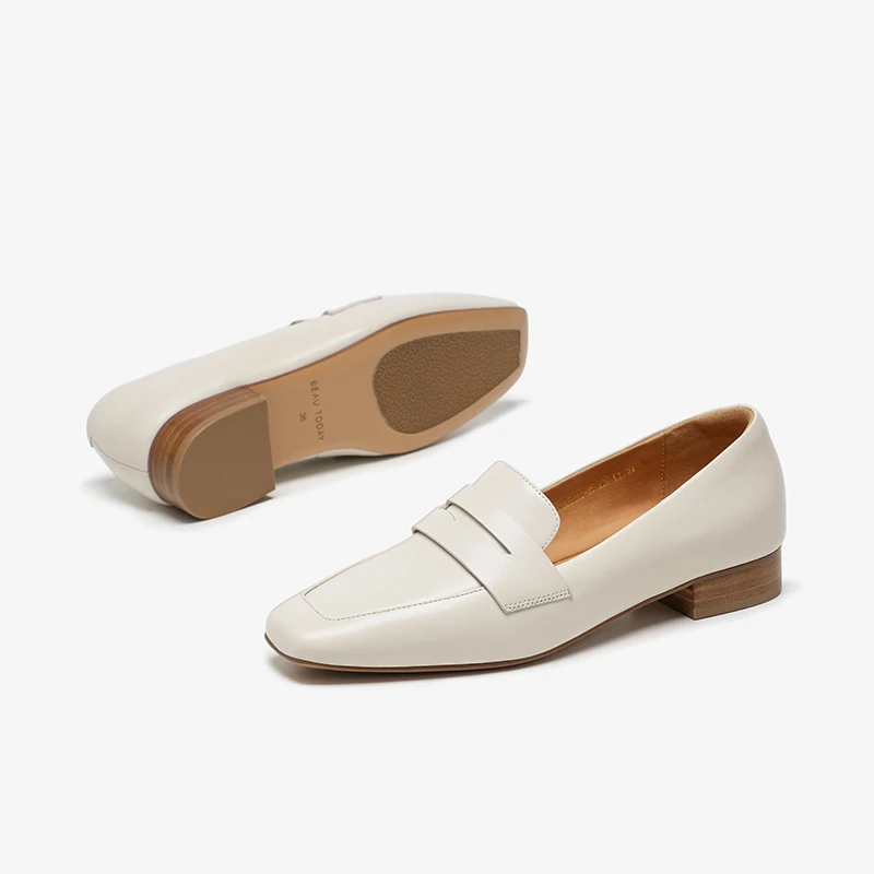 BEAUTODAY Loafers Women Sheepskin Leather Square Toe Solid Color Sewing Outdoor Casual Shoes Female Handmade 26354