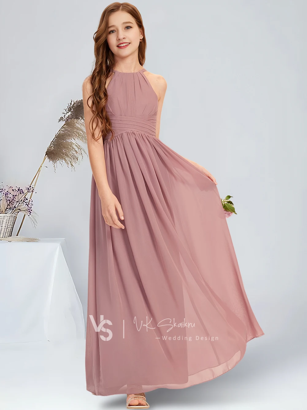 A linha halter até o chão chiffon júnior vestido de dama de honra vintage malva vestido da menina de flor para vestidos de festa de casamento para adolescentes