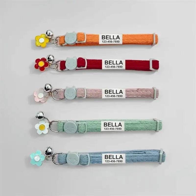 

Customized Pet ID Tag Adjustable Corduroy Cat Breakaway Cute Neck Collar With Bell For Small Dogs Puppy Kitten