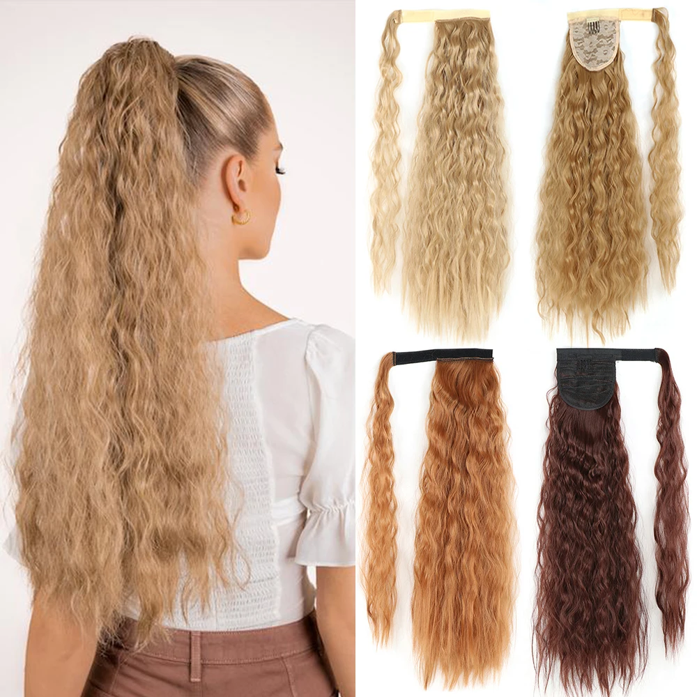 

Synthetic Long Corn Wavy Ponytail Hairpiece Wrap on Hair Clip Ombre Brown Blonde Hair Extensions Pony Tail