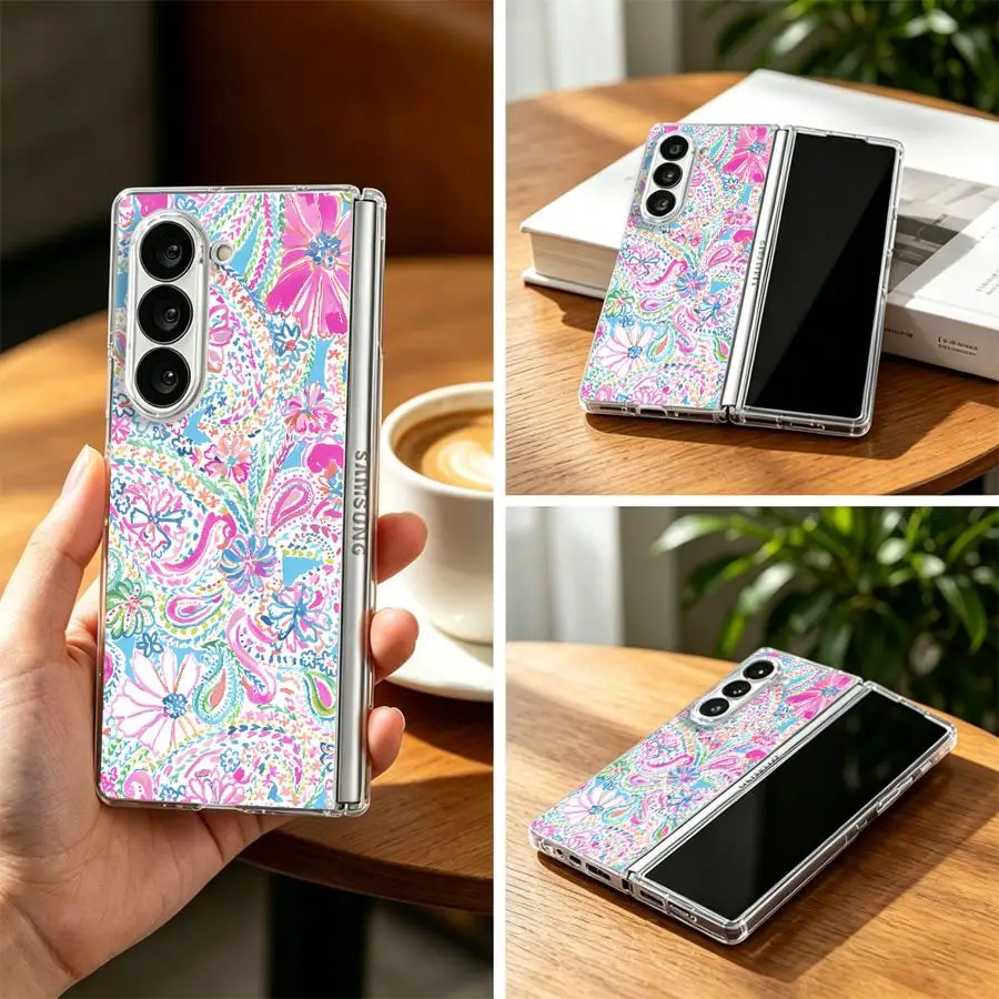 Case for Samsung Galaxy ZFold7 ZFold3 Z Fold 7 6 5 4 3 ZFold5 ZFold6 ZFold4 Hard Phone Cover Pink Blue Paisley Floral Print