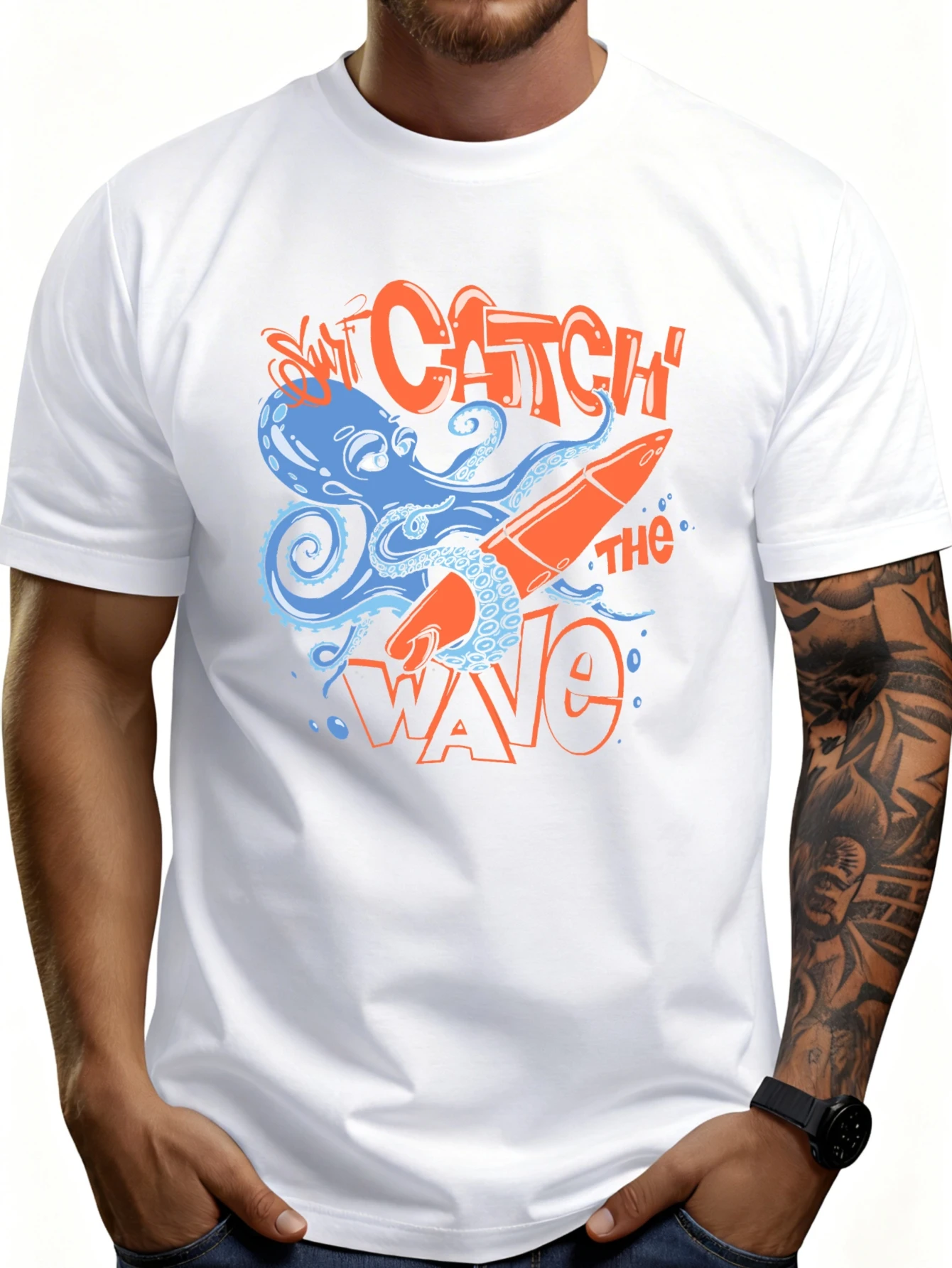 Casual Style Men's T-Shirt with an Octopus and Surfboard Design and the Text 