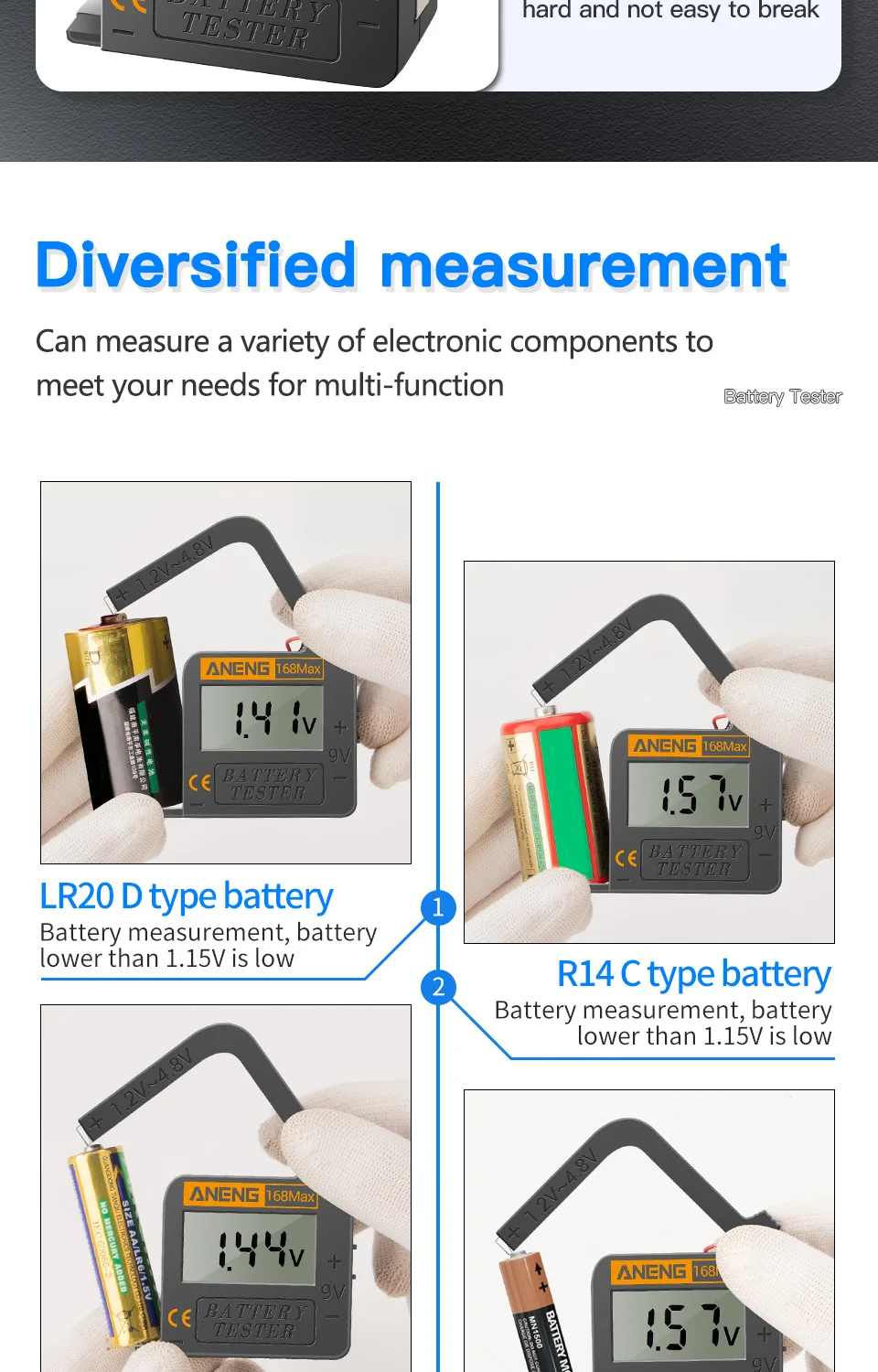 AN-168 Portable Digital Battery Tester Lithium Battery Power Capacity Test Voltage Analyz Display Check AAA AA Button Cell Test