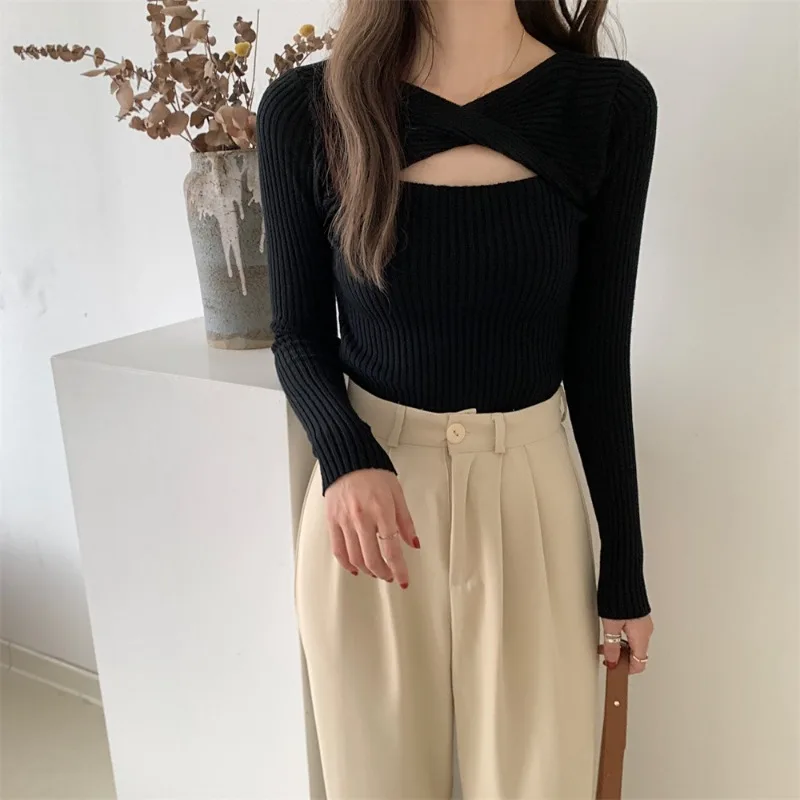 YTJHRG Women Pullover Knitted Sweater V-Neck Autumn Long Sleeve Slim Elastic Korean Simple Jumper Solid Color Tops 2024 Fashion