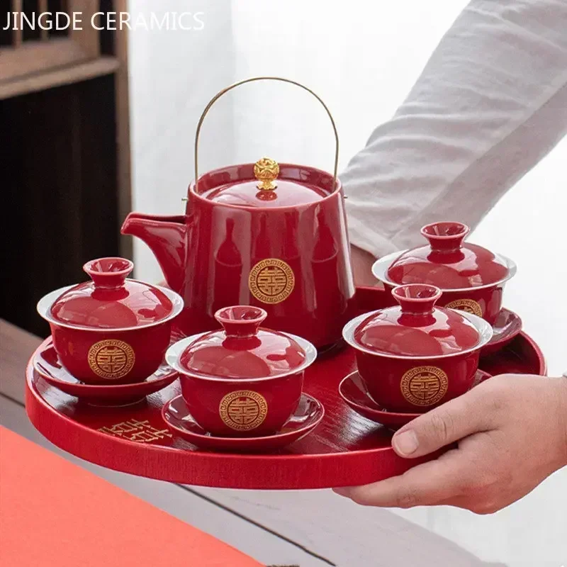 

Boutique Chinese Tea Sets Red Ceramic Gaiwan Teapot Tea Tray Suit Wedding Tea Set Supplies Customized High Grade Teaware Gifts