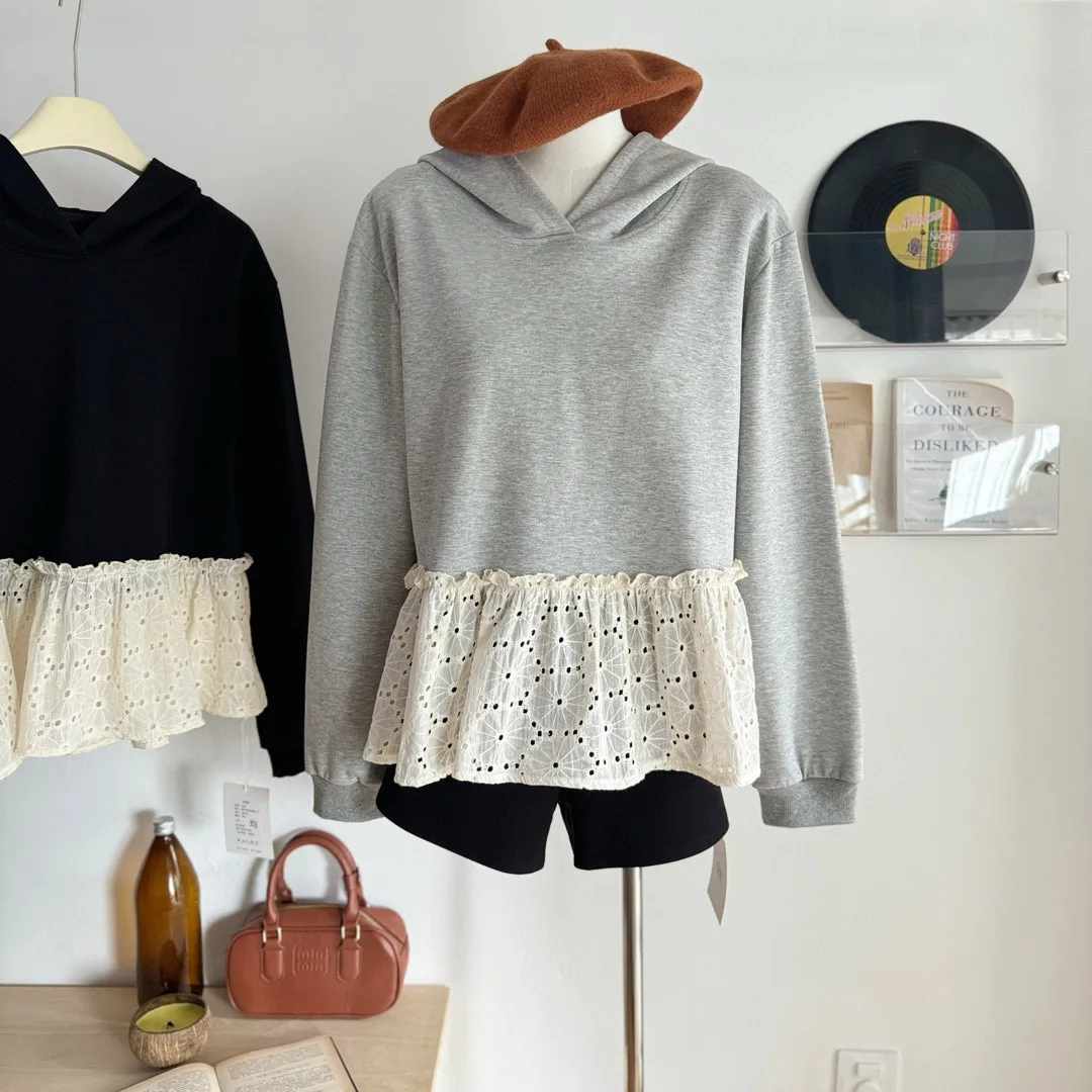 

Korean Fashion Autumn New Women Tops Lace Splicing Hooded Long Sleeve Loose Straight Gray Hoodies Pullover Female Clothing