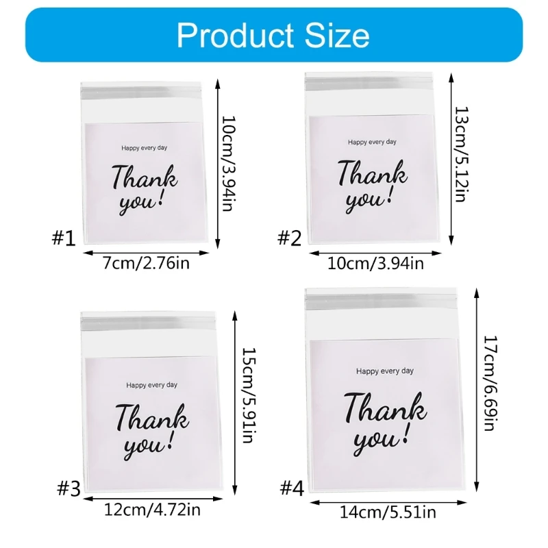 Assorted Sizes Thank You Treat Bags Self Adhesive Cookie Packaging Bag for Home Baker and Shops Candy Holder Bag 100pcs