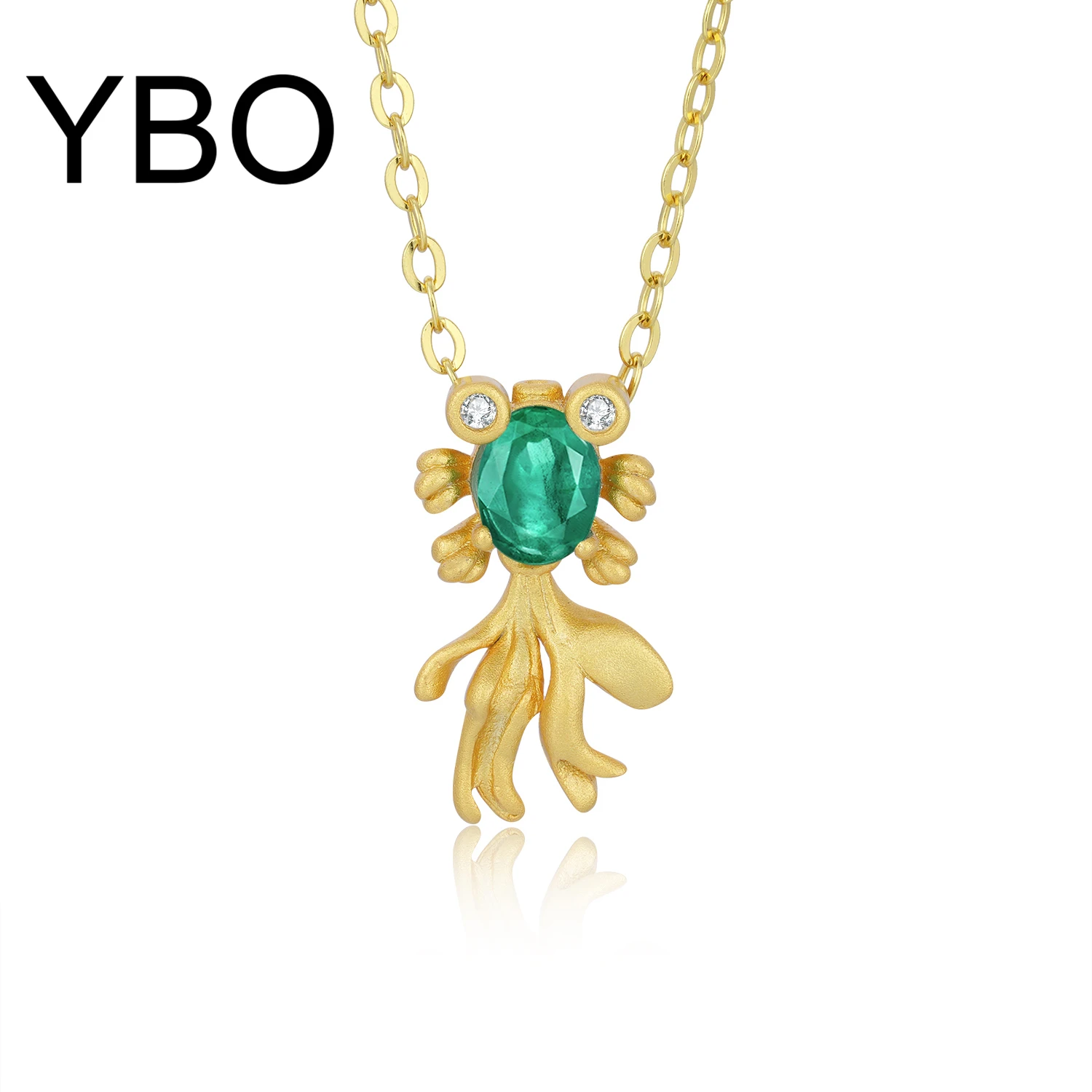 

YBO 18K Gold Plated Cute Goldfish Pendant Women Natural Emerald Inlay 925 Sterling Silver Necklaces Luxury Jewelry Birthday Gift