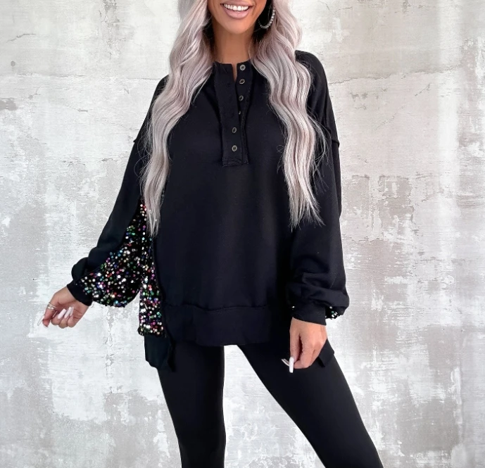 

Pullover 2024 Hot Selling Fashionable Round Neck Button Design Long Sleeved Sports Contrasting Sequins Casual Women