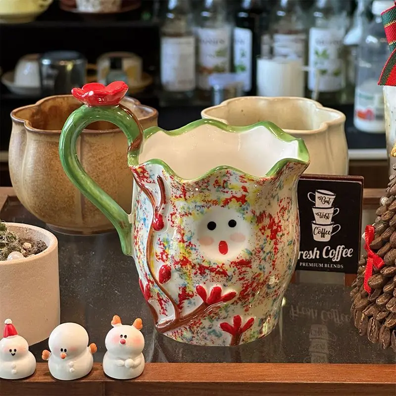 Vintage Hand-painted Underglaze Ceramic Cup, Cute Elf Flower Relief Wavy Edge Design, Home Coffee Cup, Perfect Choice for Gifts