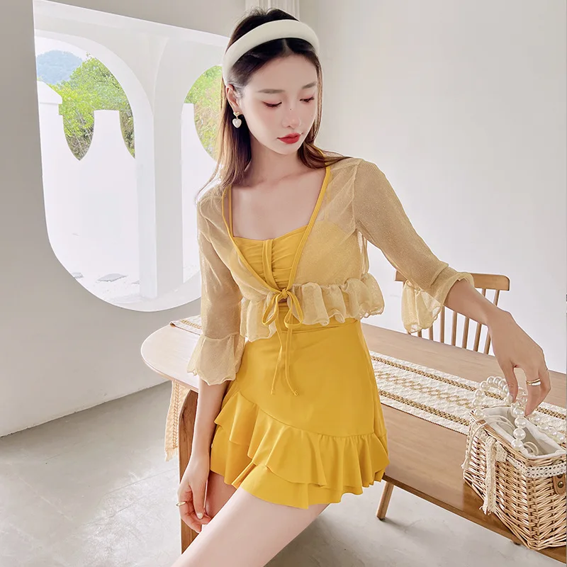 

Hot Spring Swimsuit Women's One-piece Conservative Cover Belly Slimming Long Sleeved Super Fairy Skirt Style Small Chest Set