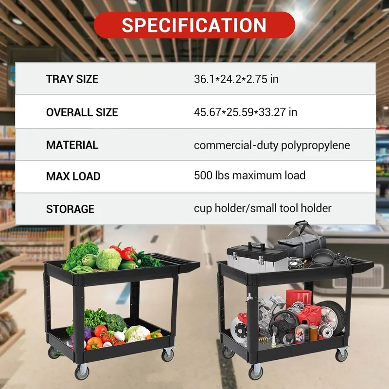 Utility Service Cart with Wheels and Two Trays Service Cart 2-Shelf 500lbs Rolling Utility Cart for Warehouse Garage Cleaning