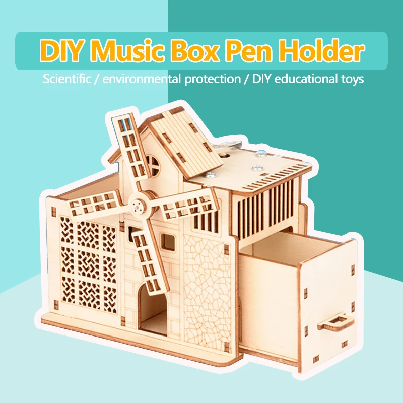 Diy Wooden Puzzle Big Windmill Music Box Pen Holder Assembly Model Puzzle Creative Decompression Gift for Children P292