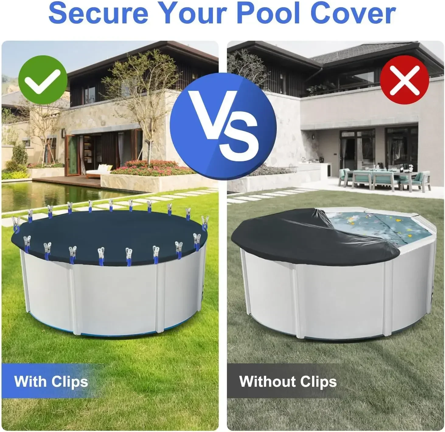 12 clips duraderos de acero inoxidable para cubiertas de piscina con mango de plástico azul - Aptos para cubiertas de piscinas elevadas y fotografía