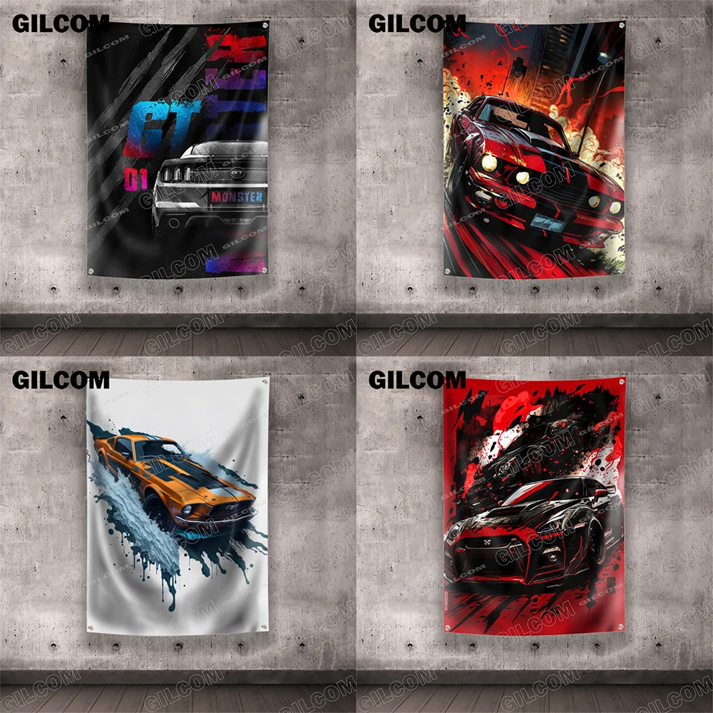 Flag Retro  80S Colorful Car Racing Poster Advertise Logo Sport Outdoor Club Digital Printing Banner Tapestry Brass Grommet