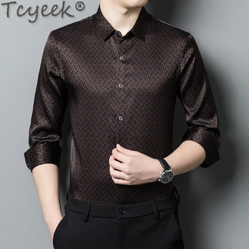 Tcyeek 90.8%Mulberry Silk Top Spring Autumn Men's Shirt New Long-sleeved Printed Shirts for Men Clothing Fashion Blusa Masculina