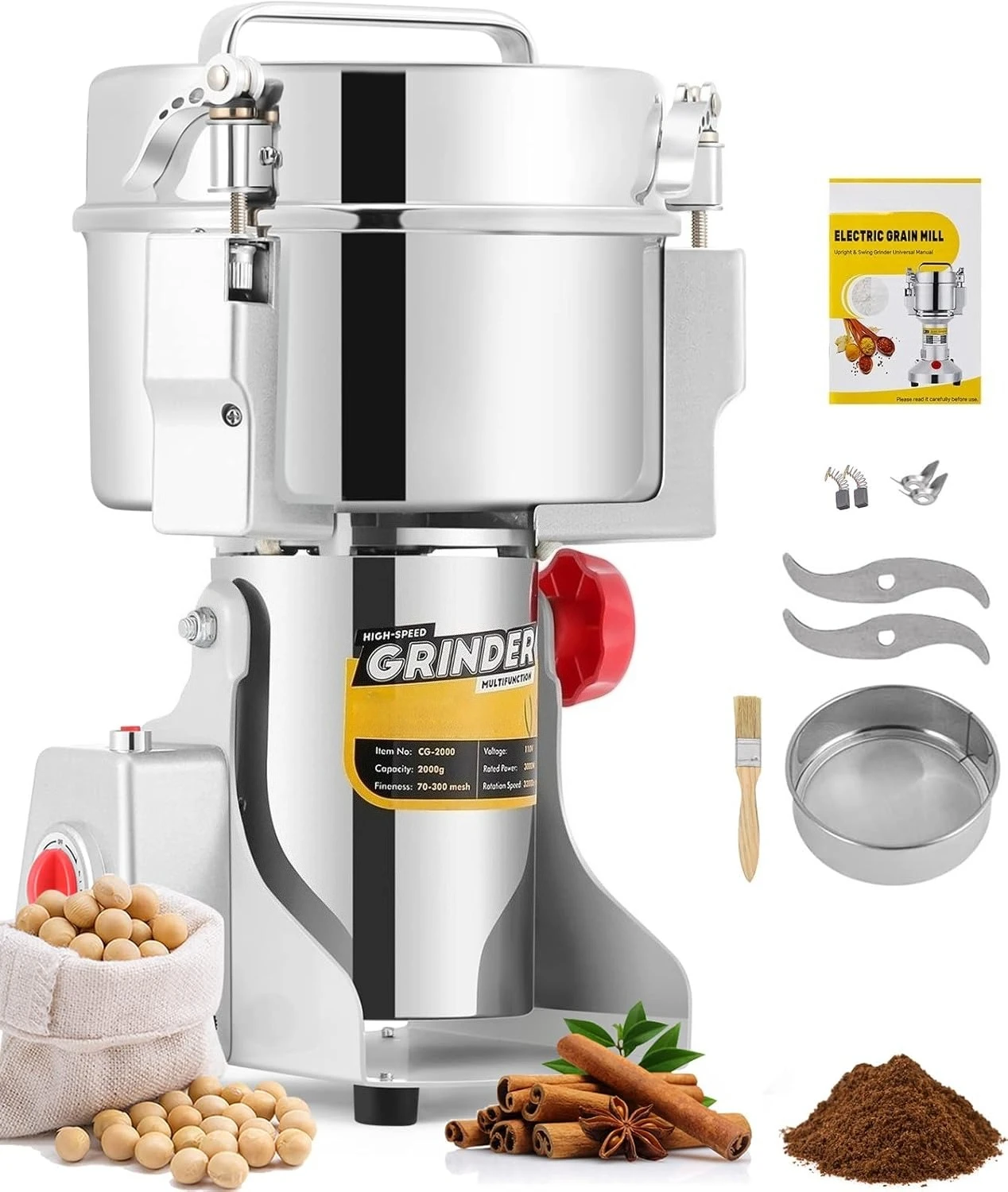 

Электрическая мельница для зерна 2500 г, улучшенная безопасность, 3600 Вт, высокоскоростная, для специй и трав, коммерческая, сверхтонкого помола