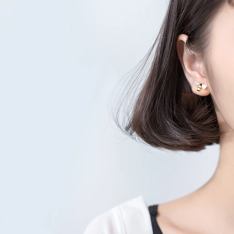 Modian New Arrival 100% 925 Sterling Silver Enamel Cute Bee & Flower Stud Earrings Fashion Insect Accessories For Women Jewelry
