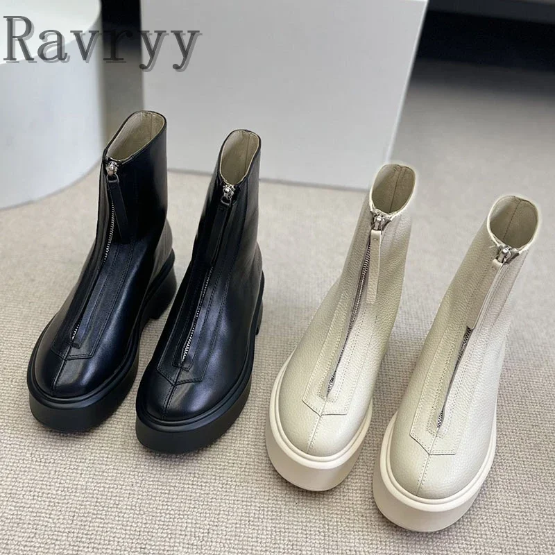 

Front Zipper Thick Bottom Short Boots Women Genuine Leather Round Toe Platform Tube Ankle Boots Fashion Chelsea Botas