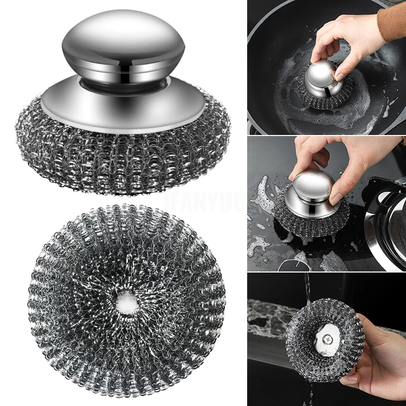 Cepillo de olla de acero inoxidable con mango, bola de alambre resistente para lavavajillas, depurador de Metal para herramientas de limpieza de cocina casera, 1-10 Uds.