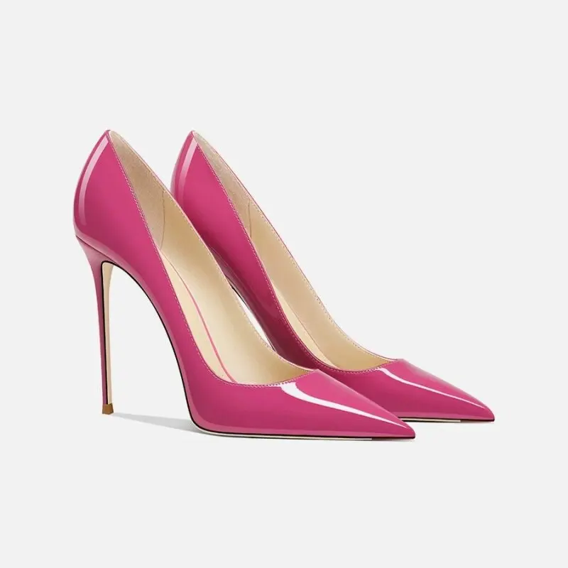 Rose red high-heeled shoes with new slim heels, pointed toes, shallow mouth, sexy patent leather, shallow mouth single shoes