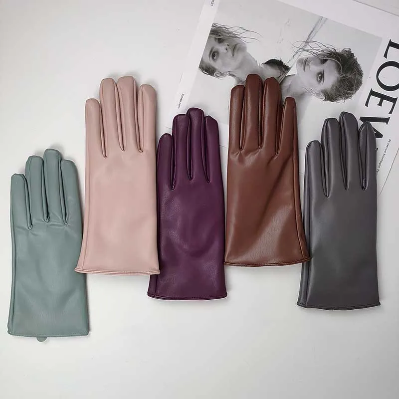 Winter Female Solid Sport Cycling Windproof Mitten Women PU Leather Plus Plush Thick Velvet Warm Driving Waterproof Glove O86