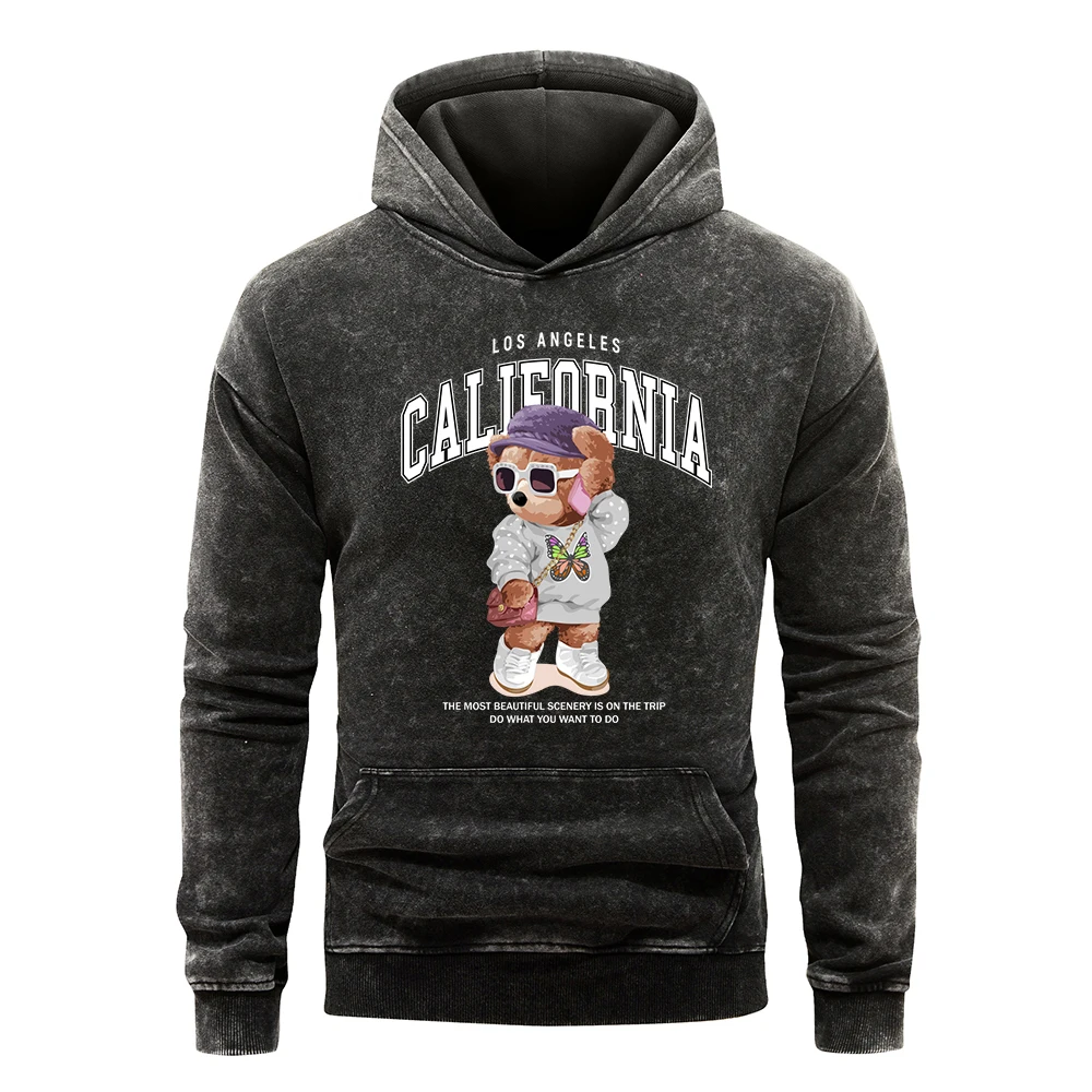 Kawaii Bear California Letter Prints Men Washed Hoodie Distressed Street Hoody Vintage Oversize Clothing Autumn Casual Top