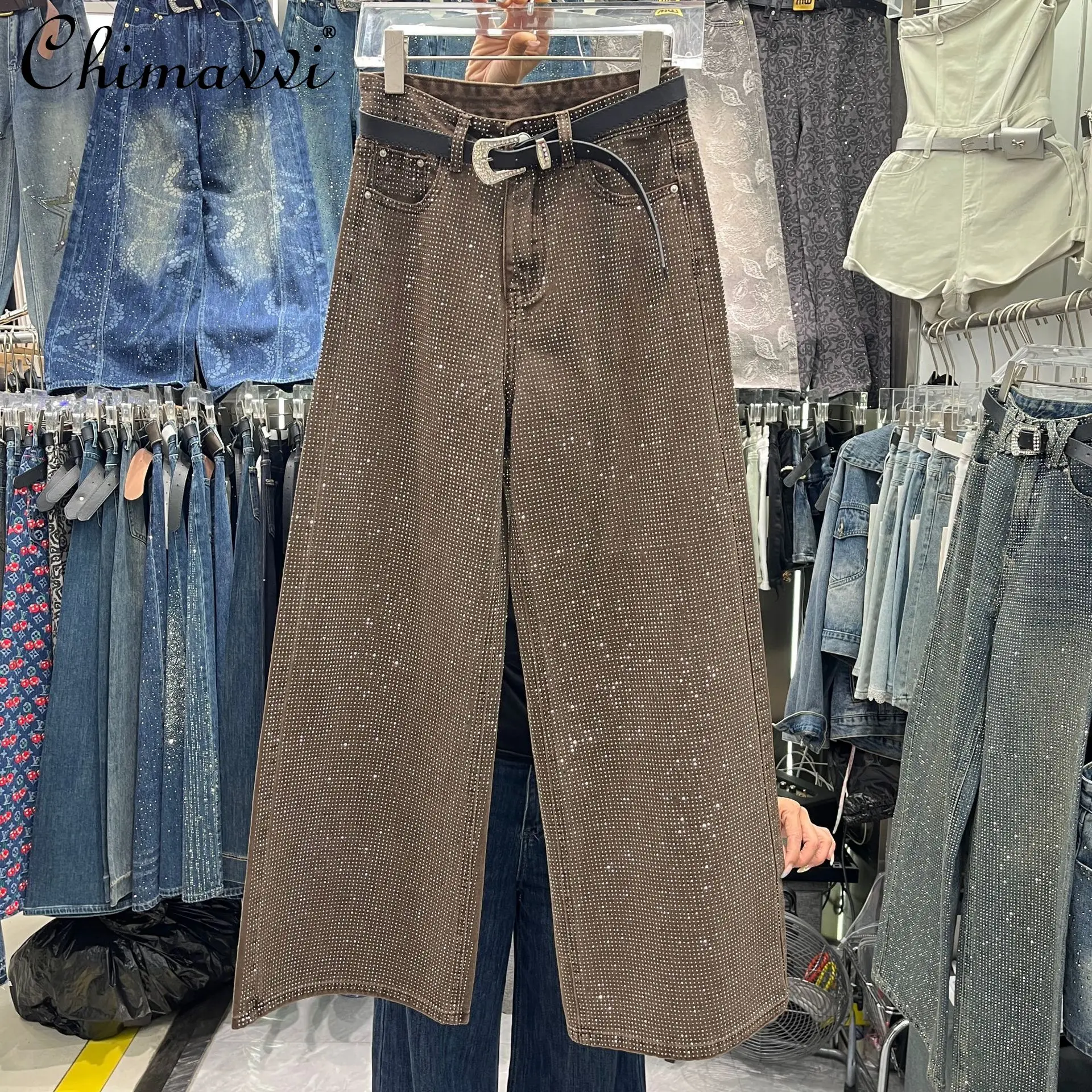 

Американский стиль, модные ретро, элитные тяжелые промышленные прямые универсальные свободные джинсы с высокой талией и бриллиантами, женские джинсовые брюки