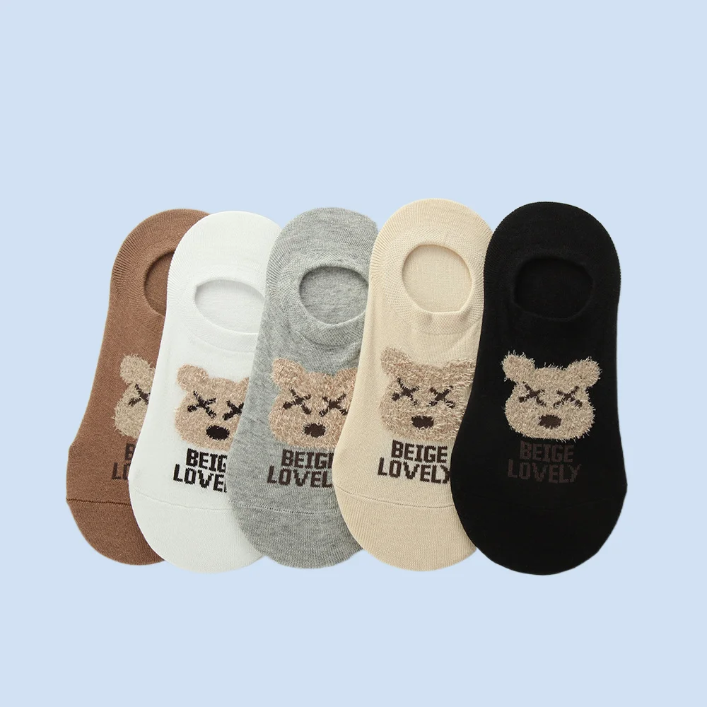 

5/10 Pairs Bear Socks Women's Summer Thin Boat Socks Low-cut Shallow Non-slip Heel Short Socks Trendy Cute Invisible Socks