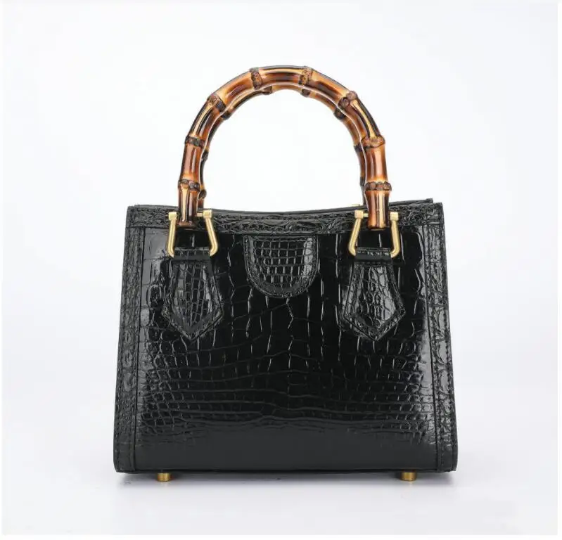 2023 latest Luxury top quality genuine crocodile skin women shoulder cross body small size bag with bamboo handles black color