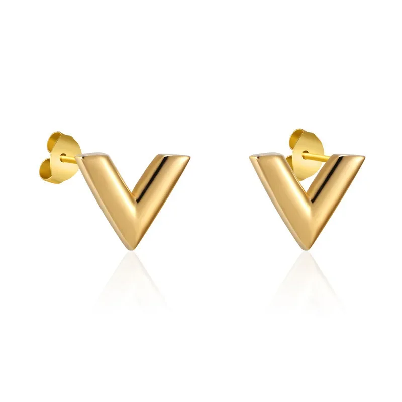 Classic Temperament V Letter Stud Earring for Women New Luxury Brand Gold Color Geometric Triangle Party Jewelry Set Accessories