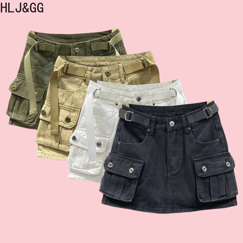 

HLJ&GG Summer New Non Stretchy Belt Cargo Pocket Mini Denim Skirts Women High Waist Button Slim Bottoms Fashion Streetwear 2025
