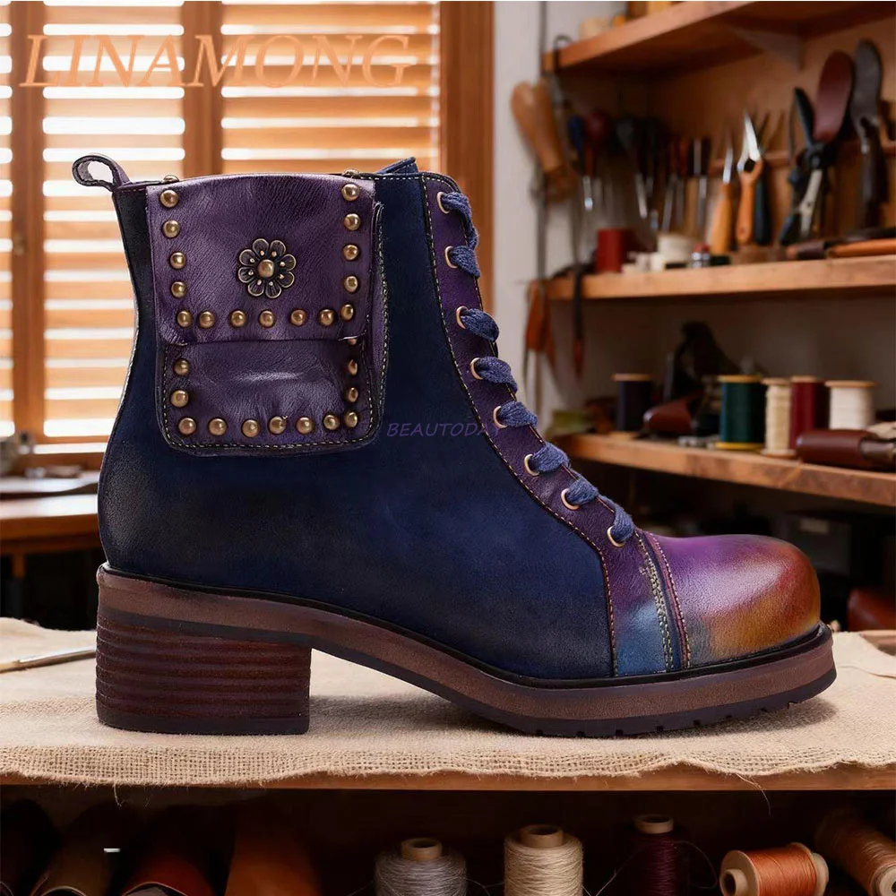 

Riveted Leather Boots, Hand Brushed Metal Flower Decoration Retro Deep Blue Thick Heel Round Toe Side Zipper Fashion Boots