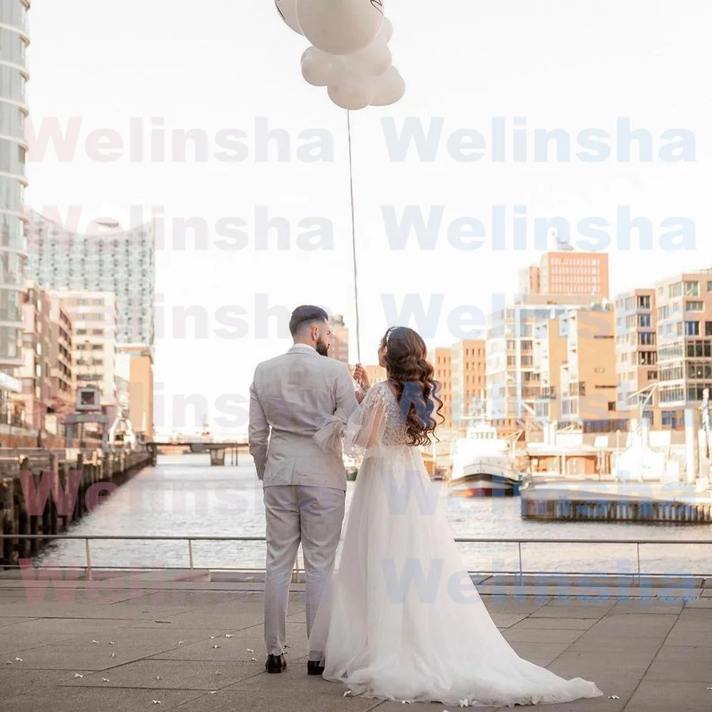 Vestido De novia árabe saudita, mangas abullonadas, cuello en V, apliques De cuentas, Vestido De novia De línea A, diseño personalizado